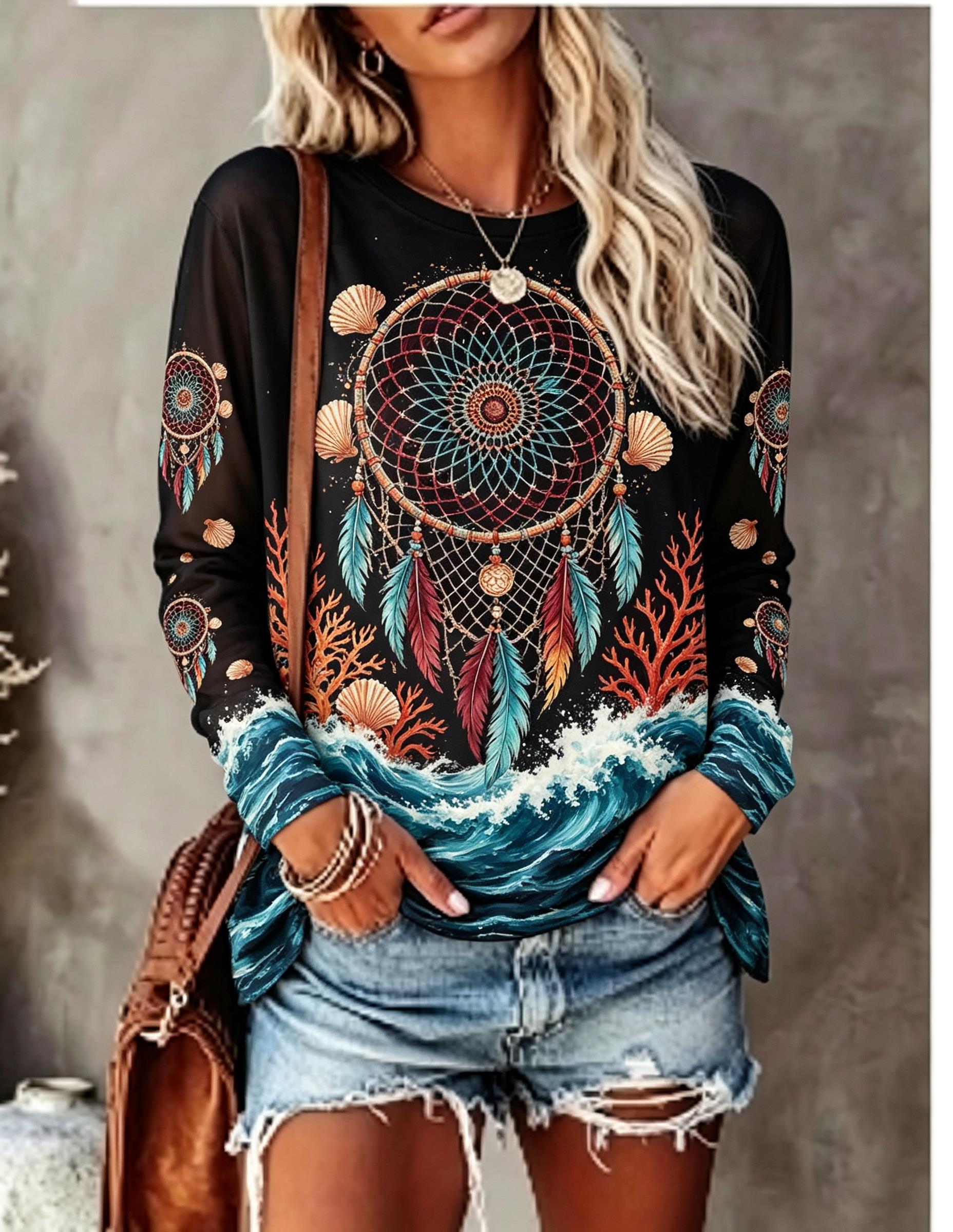 Blouses - เสื้อยืดแขนยาวคอกลมผู้หญิง ลายพิมพ์เปลือกหอย คลื่นทะเล และดรีมแคทเชอร์ สไตล์โบโฮ เสื้อลำลอง