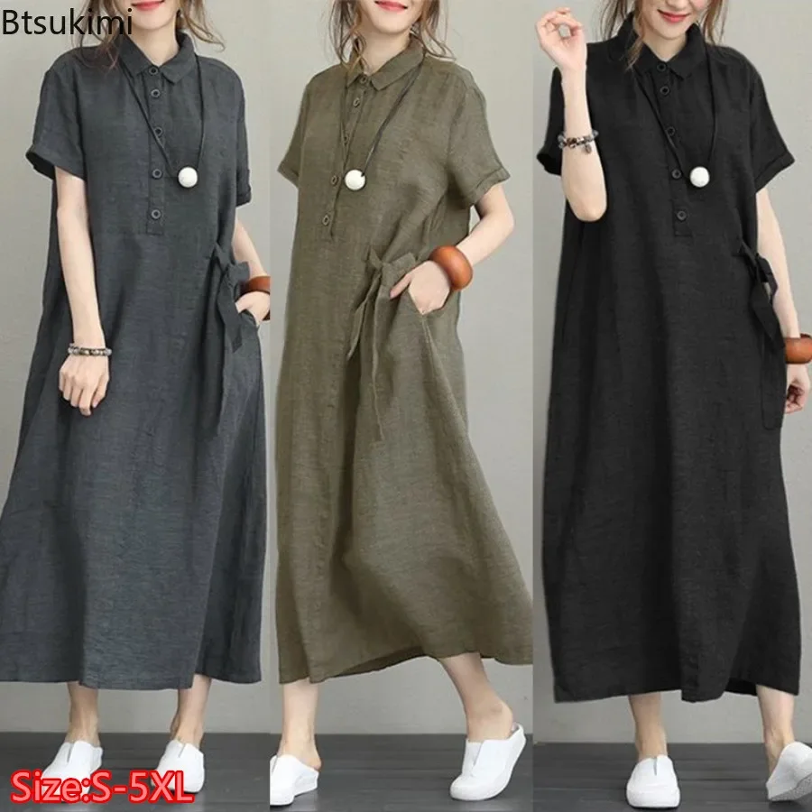 Casual Loose Linen Shirt Dress - 2026 ชุดเดรสฤดูร้อนผ้าฝ้ายลินินสไตล์วินเทจเรียบง่ายชุดยาวสำหรับผู้หญิงแฟชั่นลำลองแขนสั้นเสื้อชุดเดรสเสื้อคลุม Vestidaos