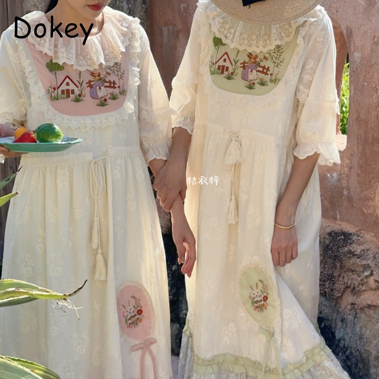 French Vintage Floral Midi Dress - เดรสวินเทจปักลายดอกไม้สไตล์แฟรี่ ความยาวปานกลาง สำหรับผู้หญิง สไตล์ญี่ปุ่นมอริเกิร์ล ตกแต่งด้วยลูกไม้ระบาย แขนยาว