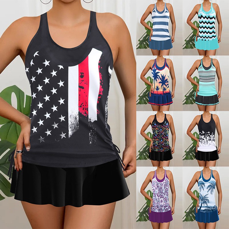 Skirts - ชุดว่ายน้ำทูพีซแบบแทงกินี่สำหรับผู้หญิง เสื้อกล้ามไม่มีแขน กระโปรงบิกินี่ลายดอกไม้ ชุดว่ายน้ำกระโปรงจีบ