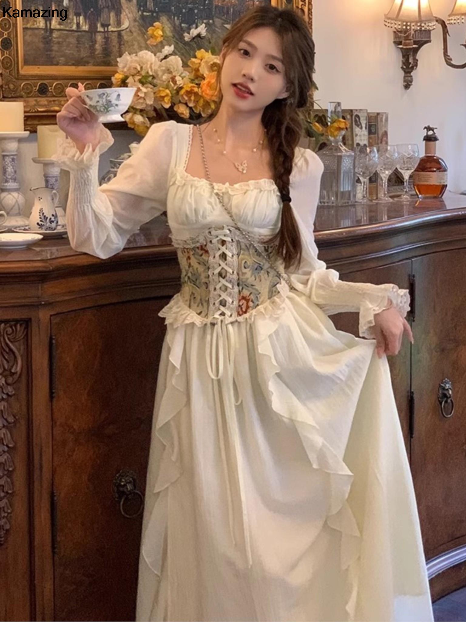 French Vintage Floral Midi Dress - ชุดเดรสคอร์เซ็ตสไตล์วินเทจของผู้หญิงชุดเดรสแบบคอเหลี่ยมสไตล์ฝรั่งเศสสำหรับผู้หญิงเสื้อผ้าสำหรับฤดูใบไม้ผลิและใบไม้ร่วง
