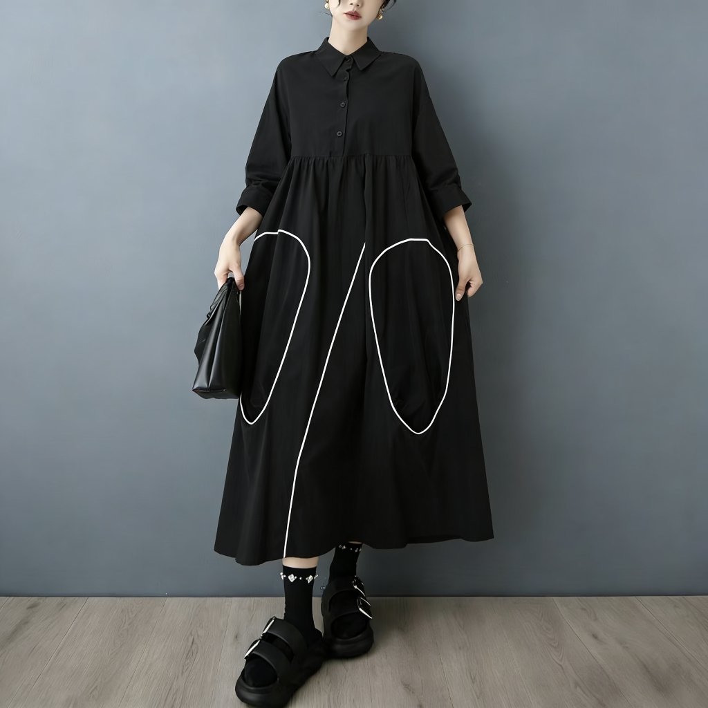 Korean Style A Line Shirt Dress - ชุดเดรสเชิ้ตดีไซน์ใหม่สีดำ ไม่สมมาตร ตัดสี คอลเลคชั่นฤดูใบไม้ผลิและฤดูใบไม้ร่วง SuperAen แฟชั่นลำลองสไตล์เกาหลี