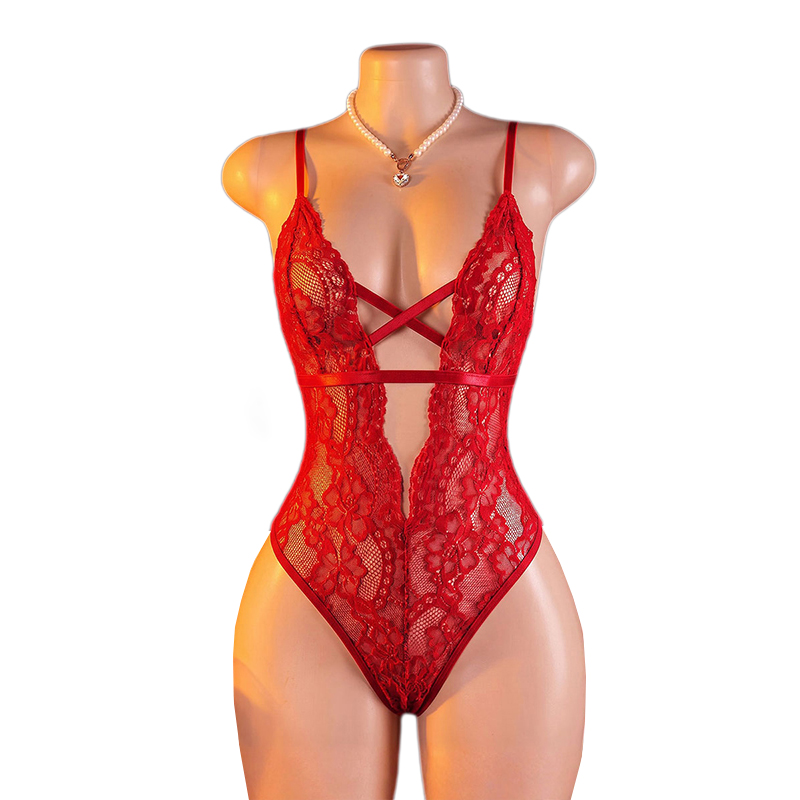 Lingerie - ชุดชั้นในสตรีสุดเซ็กซี่ บอดี้สูทลูกไม้เว้าหลังสุดเย้ายวน ชุดชั้นในซีทรูโปร่งใส