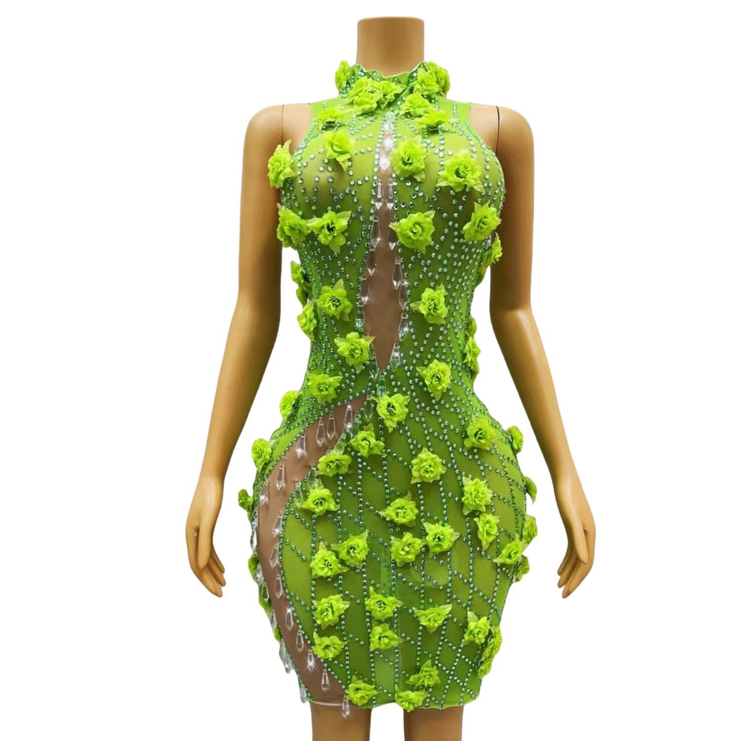 Sparkly Rhinestone Club Party Dress - Chic SparklyคริสตัลRhinestoneสีเขียวBodycon Mini Dressวันเกิดฉลองปาร์ตี้ถ่ายภาพสวมใส่Night Club Dance