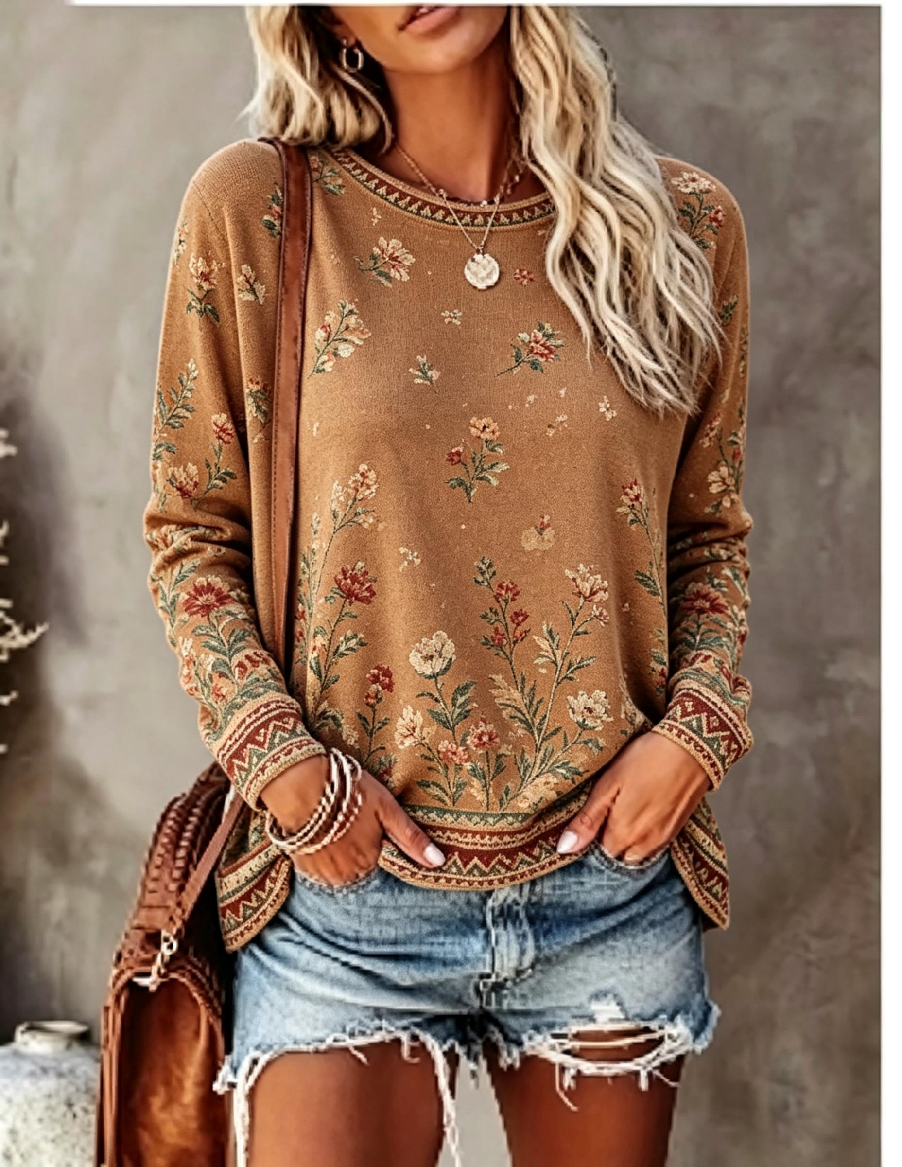 Blouses - เสื้อยืดแขนยาวคอกลมสำหรับผู้หญิง ลายดอกกุหลาบวินเทจ สไตล์ลำลอง ทรงหลวม