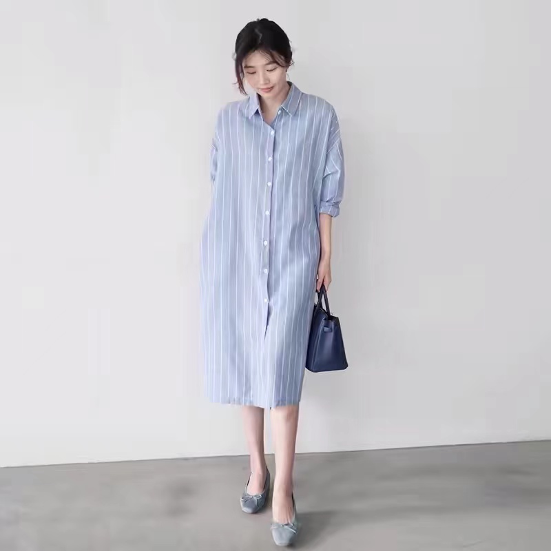 Korean Style A Line Shirt Dress - เดรสเชิ้ตแขนยาวลายทางสีน้ำเงินสำหรับผู้หญิง ทรงหลวมสบายๆ ยาวคลุมเข่า สไตล์กระโปรงทรงเอ ผ้าฝ้าย สำหรับฤดูใบไม้ผลิและฤดูใบไม้ร่วง