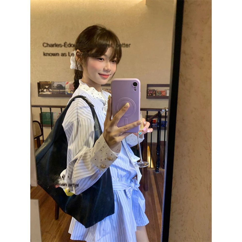ชุดเดรสแขนยาวลายทางสไตล์เกาหลี - Korean Style A Line Shirt Dress บทวิจารณ์และราคา
