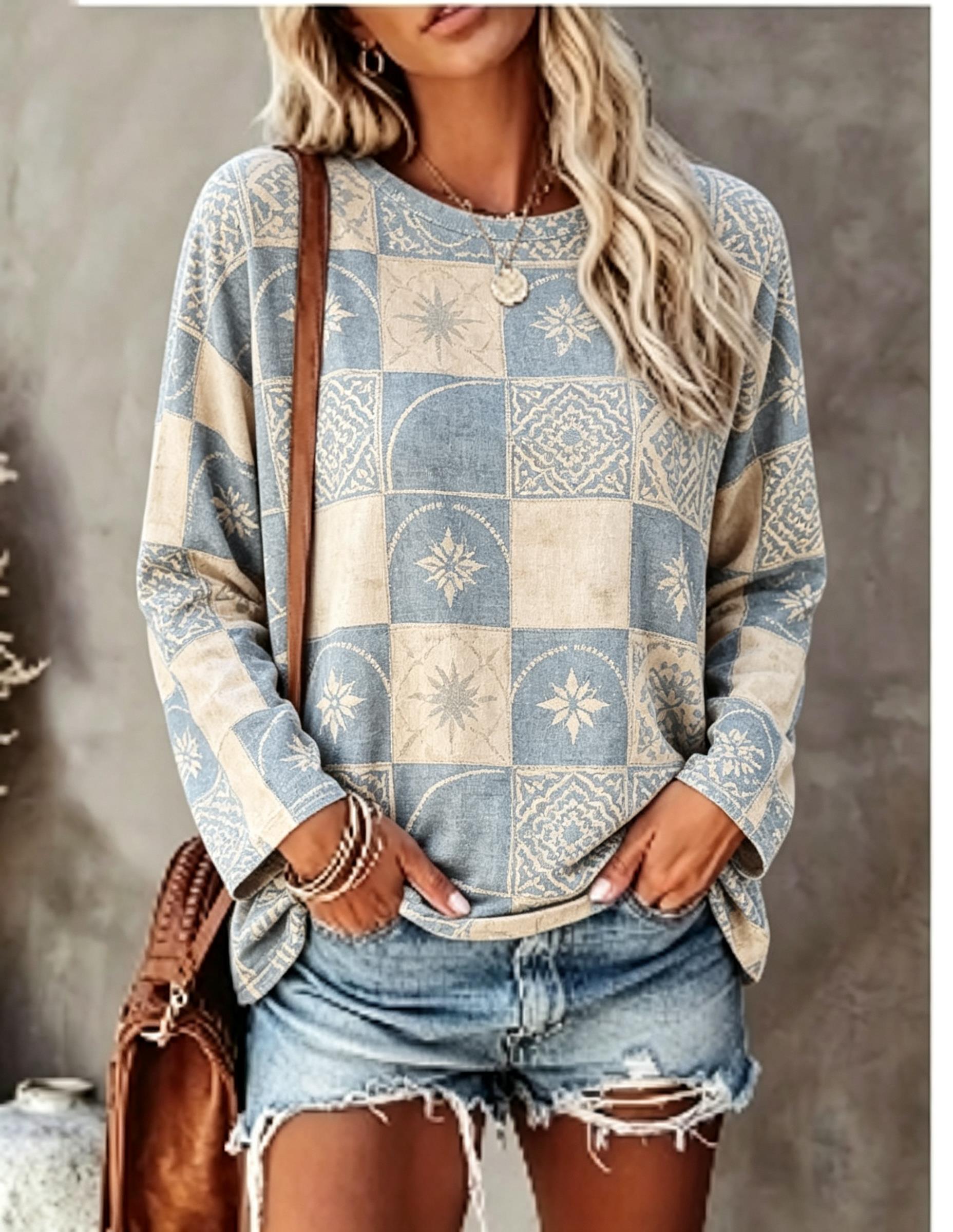 เสื้อยืดแขนยาวผู้หญิง ลายตาราง - Blouses บทวิจารณ์และราคา