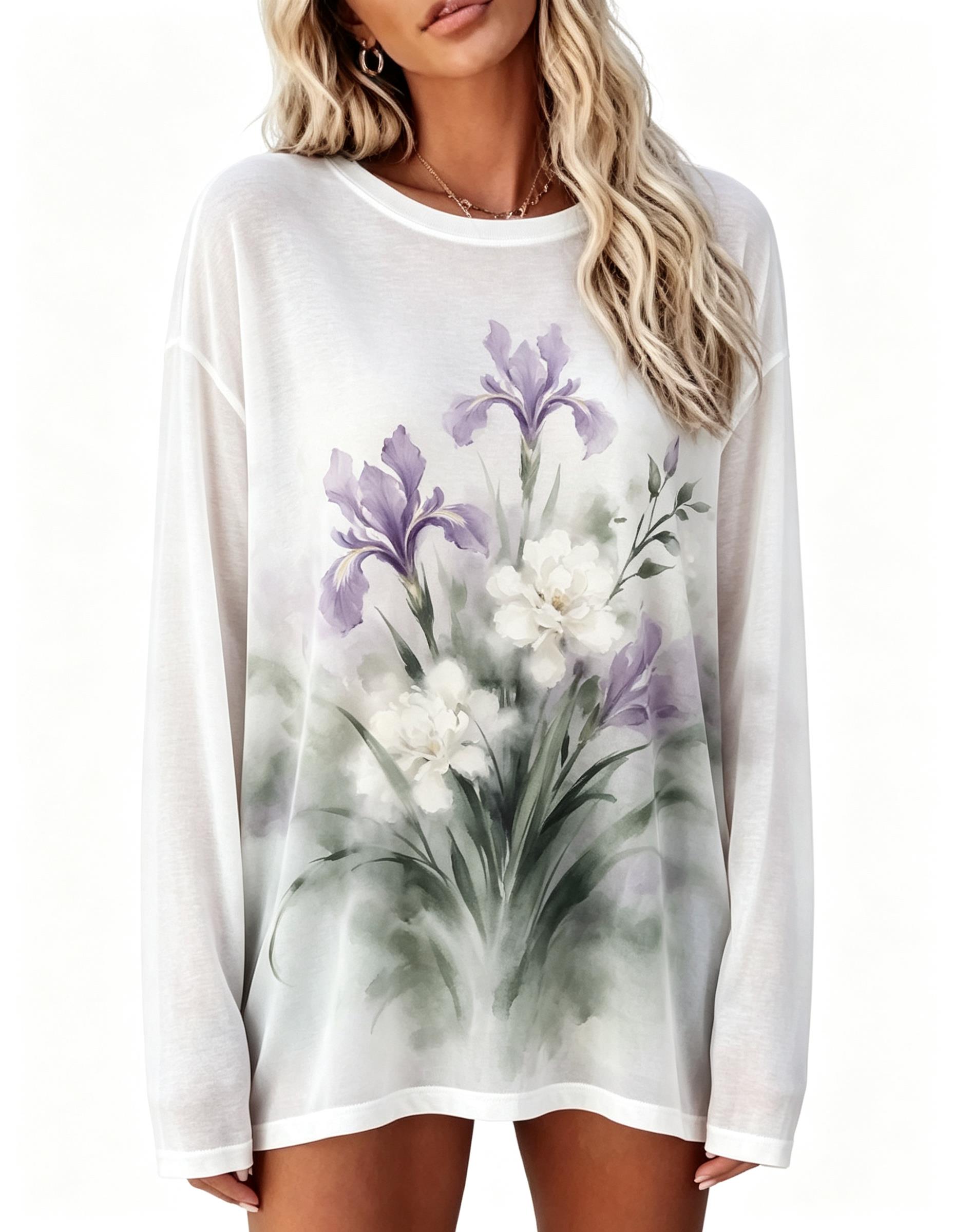 เสื้อยืดแขนยาวผู้หญิง ลายดอกกุ - Blouses บทวิจารณ์และราคา