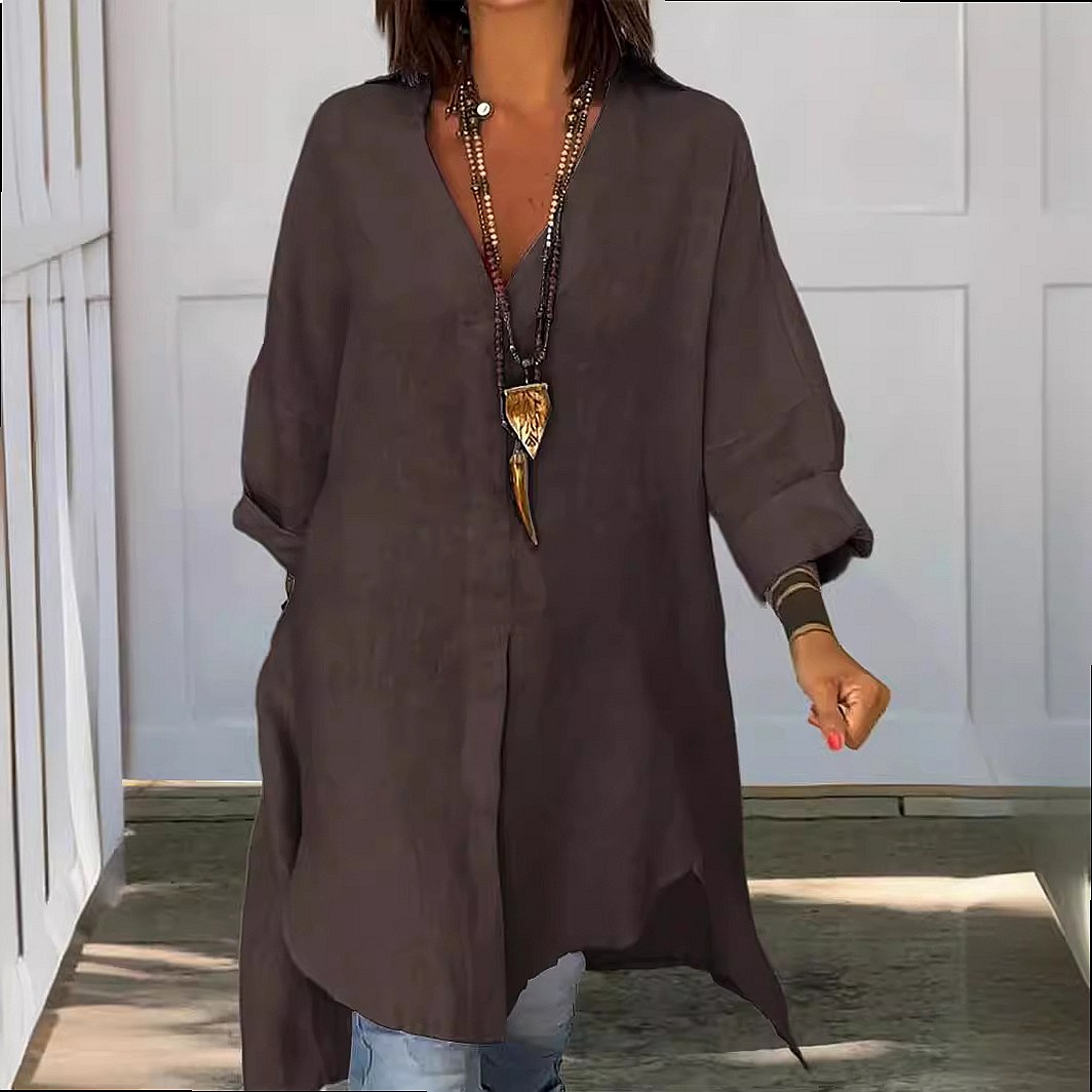 เสื้อเชิ้ตเดรสผ้าลินินสำหรับผู - Casual Loose Linen Shirt Dress บทวิจารณ์และราคา