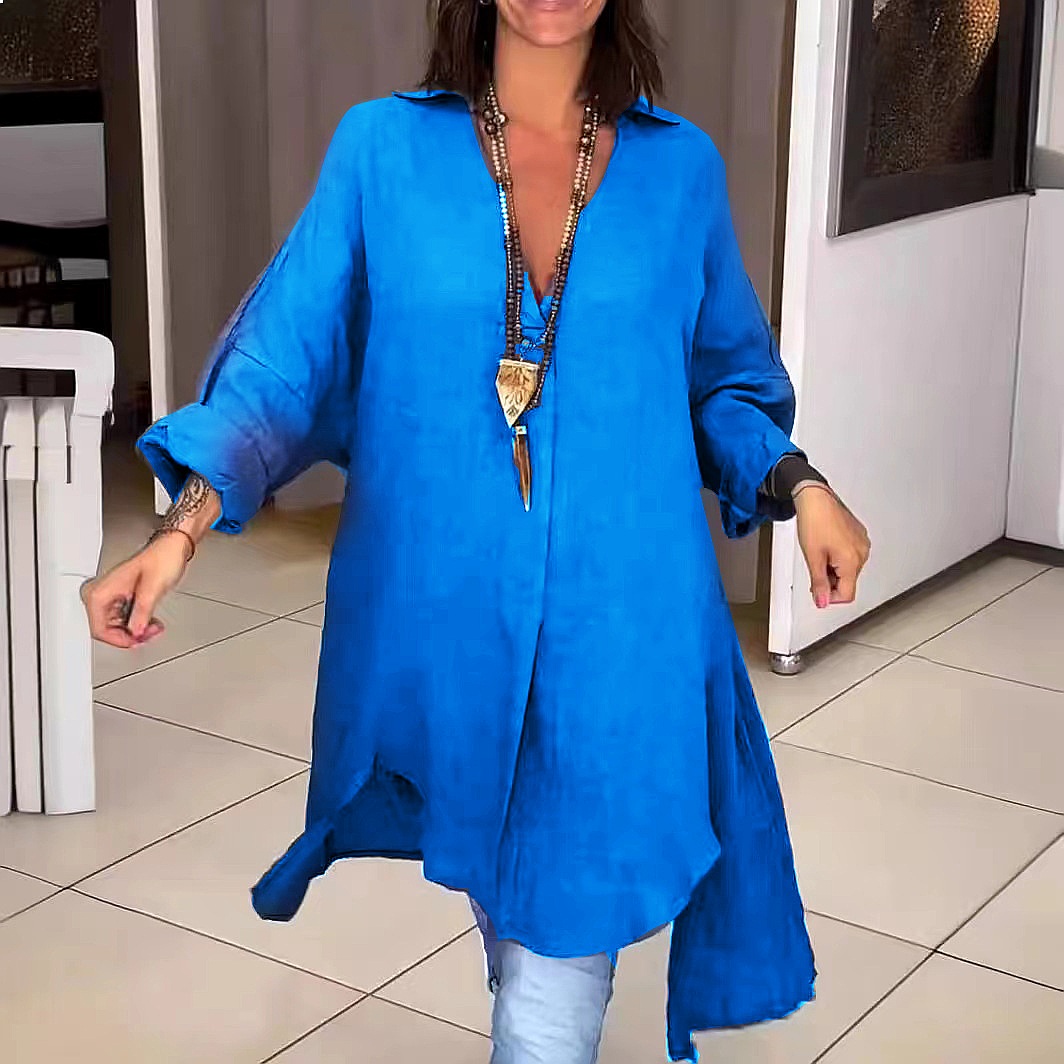 เสื้อเชิ้ตเดรสผ้าลินินสำหรับผู - Casual Loose Linen Shirt Dress บทวิจารณ์และราคา