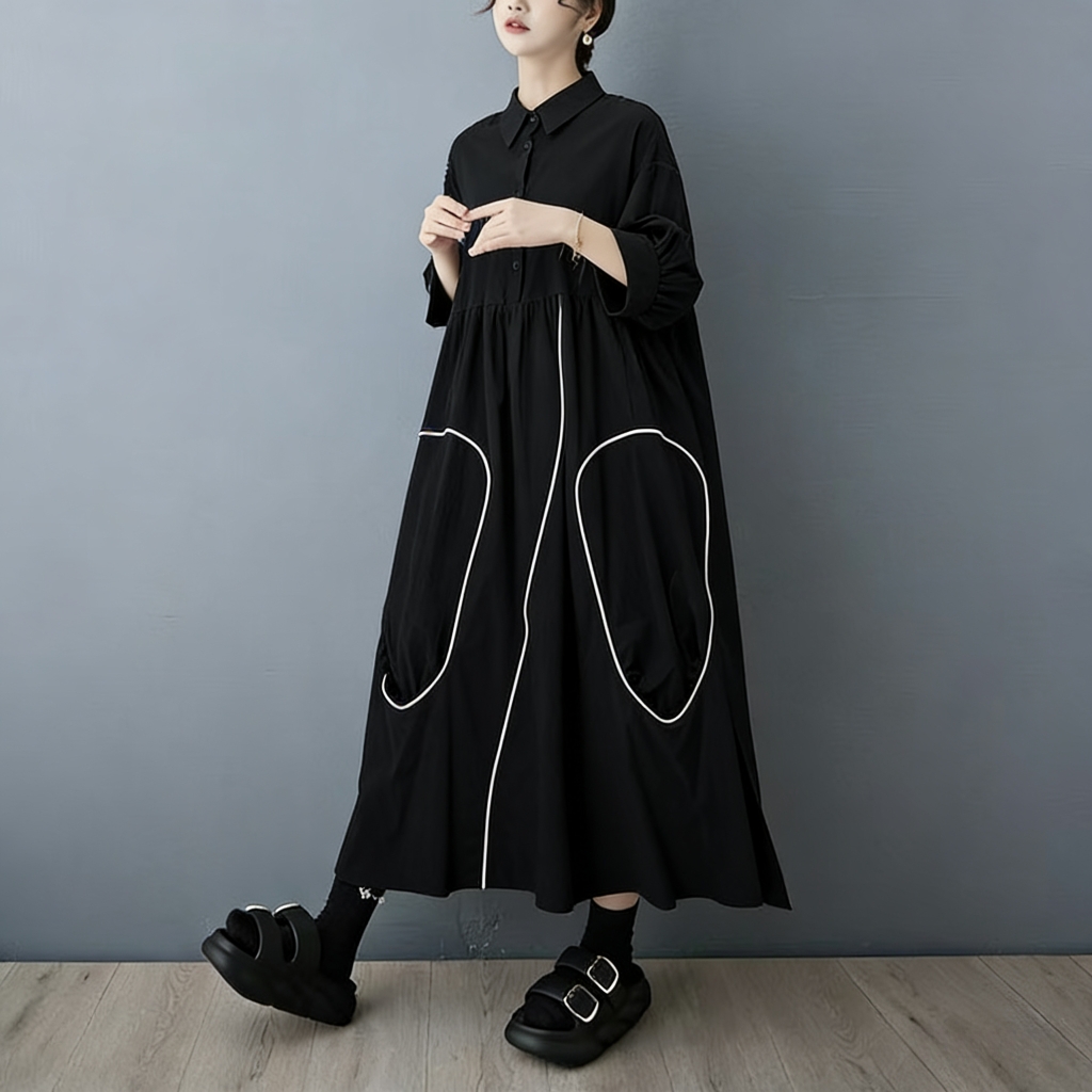 ชุดเดรสเชิ้ตดีไซน์ใหม่สีดำ ไม่ - Korean Style A Line Shirt Dress บทวิจารณ์และราคา
