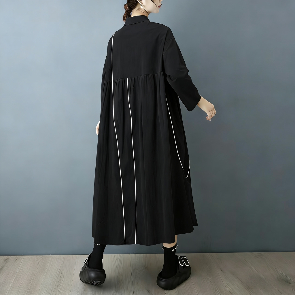 ชุดเดรสเชิ้ตดีไซน์ใหม่สีดำ ไม่ - Korean Style A Line Shirt Dress บทวิจารณ์และราคา