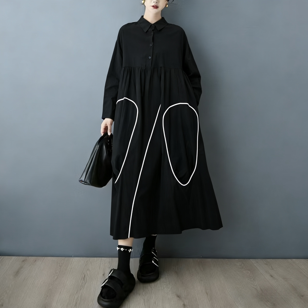 ชุดเดรสเชิ้ตดีไซน์ใหม่สีดำ ไม่ - Korean Style A Line Shirt Dress บทวิจารณ์และราคา