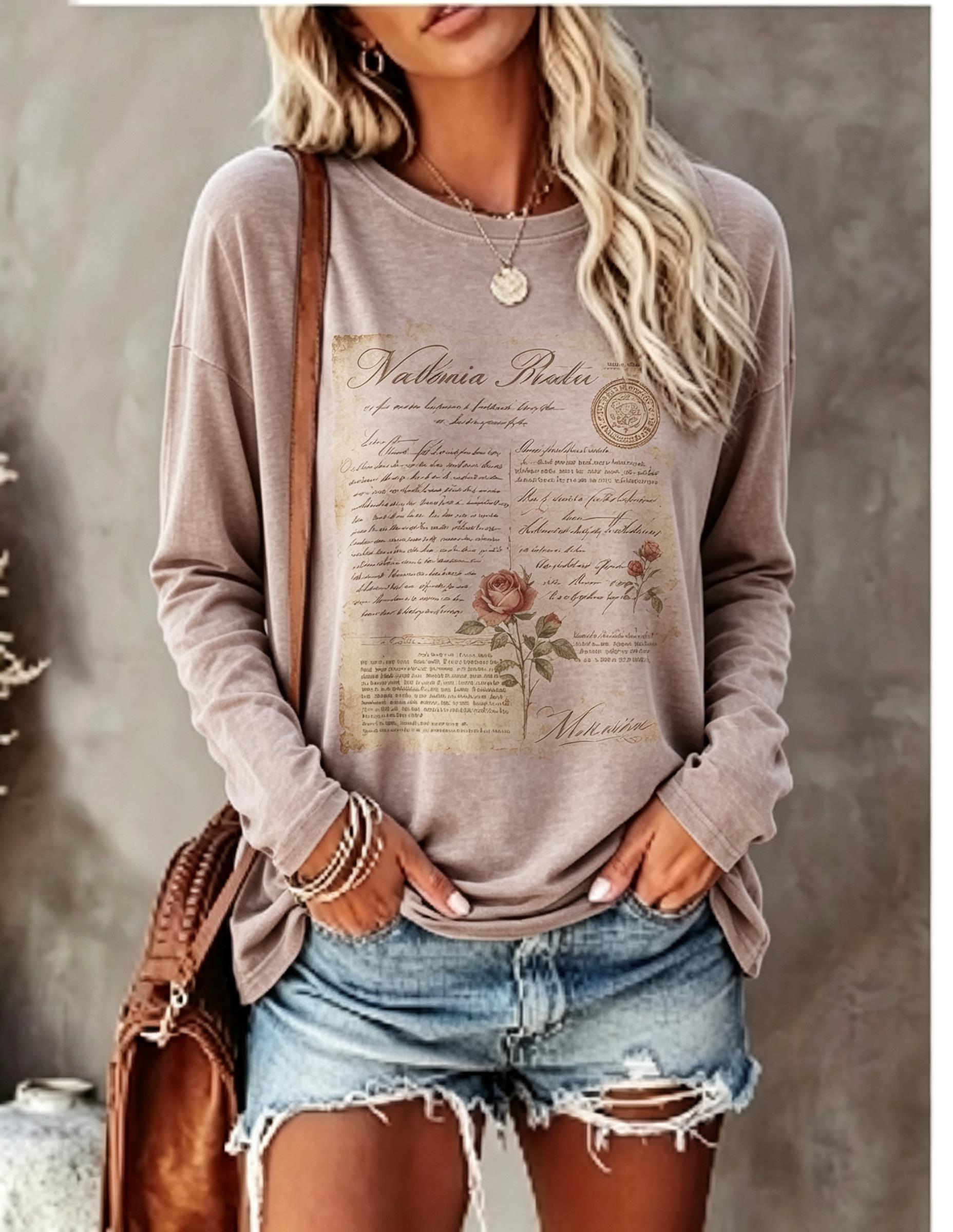 เสื้อยืดแขนยาวผู้หญิง ลายโปสเต - Blouses บทวิจารณ์และราคา